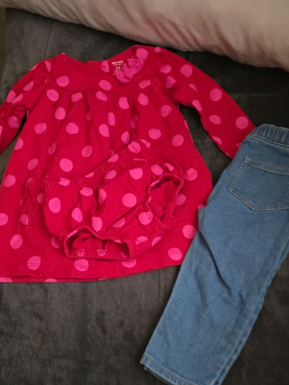 Carter's Red Pink Polka Dot Long-Sleeve Top with Matching Bloomers And Jeans 12m